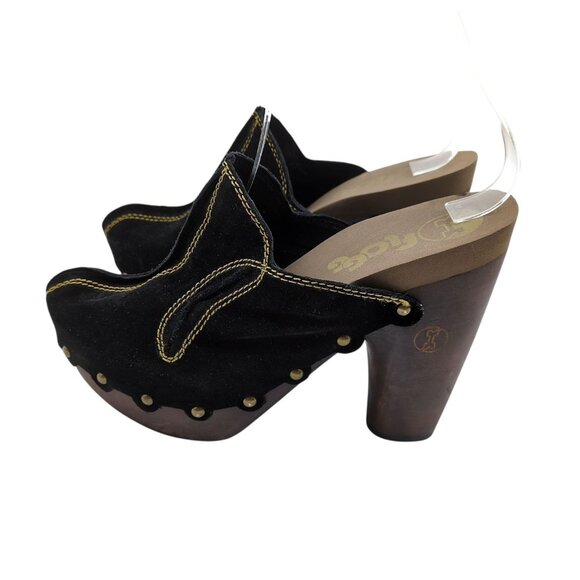 FLOGG Black Suede Wooden Clogs Mules‎ 8.5 Studded Platform Retro Boho Heels - Picture 1 of 8